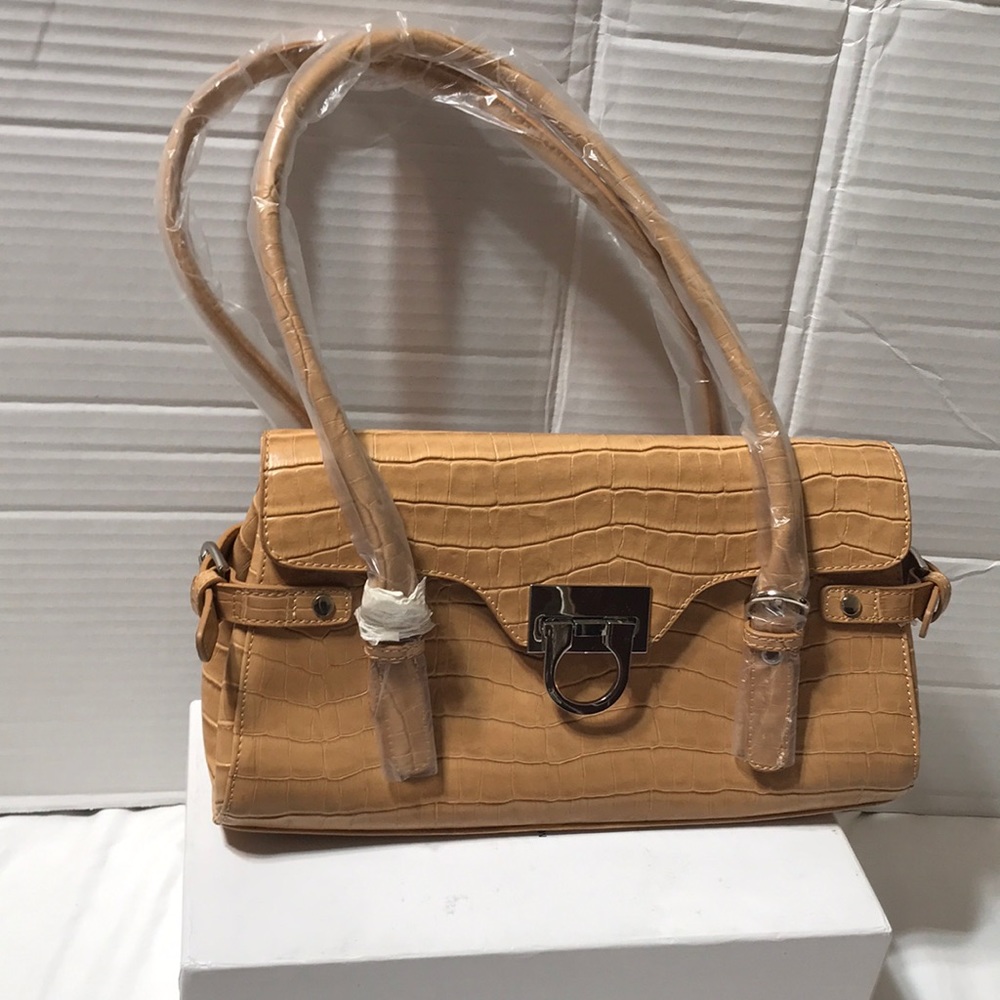 L Erickson crocodile embossed leather satchel